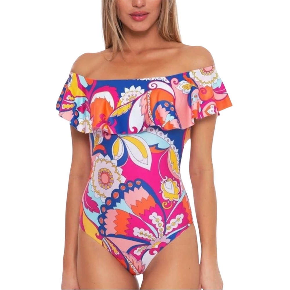 NWT TRINA TURK Colorful Off-Shoulder One-piece Swimsuit- size 8